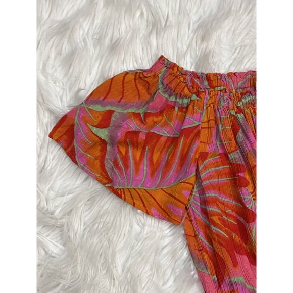 Cynthia Rowley Bright Tropical Top Off Shoulder Smocked Waist Short Sleeve SZ S - Picture 2 of 12